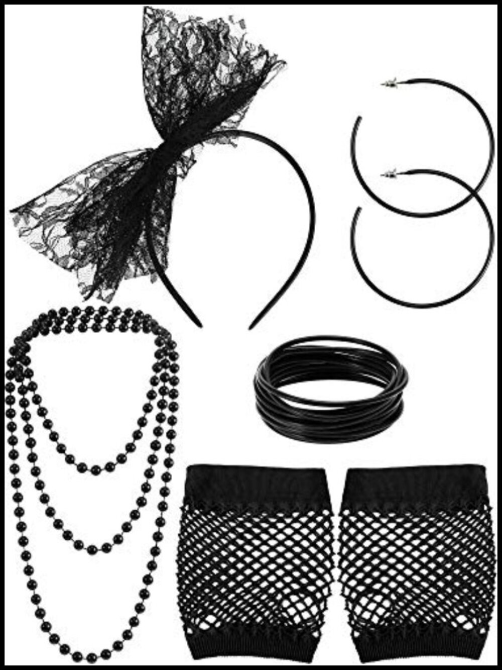 80s Costume Accessory Set Lace Headband Fishnet Gloves Earrings Necklace